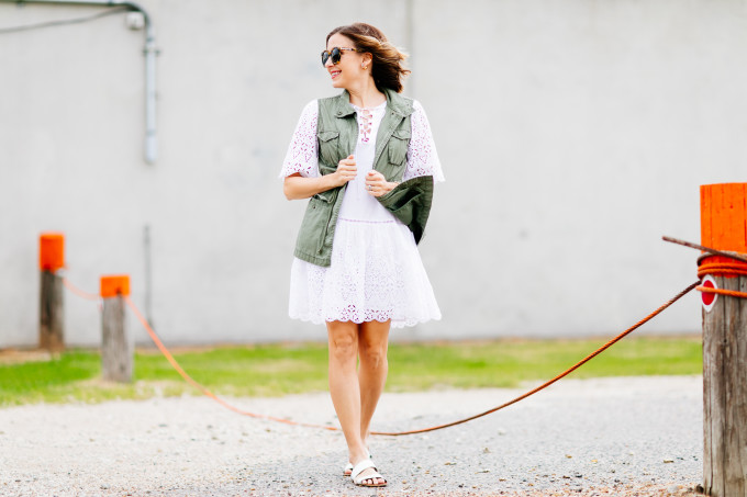 white eyelet dress, dallas fashion blogger, green utility vest