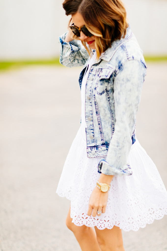 white eyelet dress, dallas fashion blogger, denim jacket