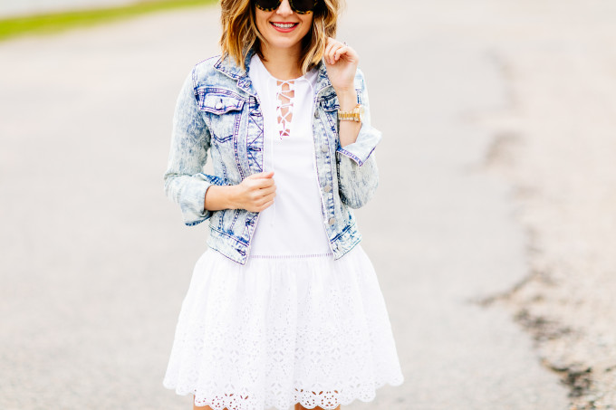 white eyelet dress, dallas fashion blogger, denim jacket