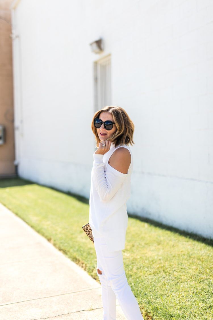 white cut out sleeve sweater