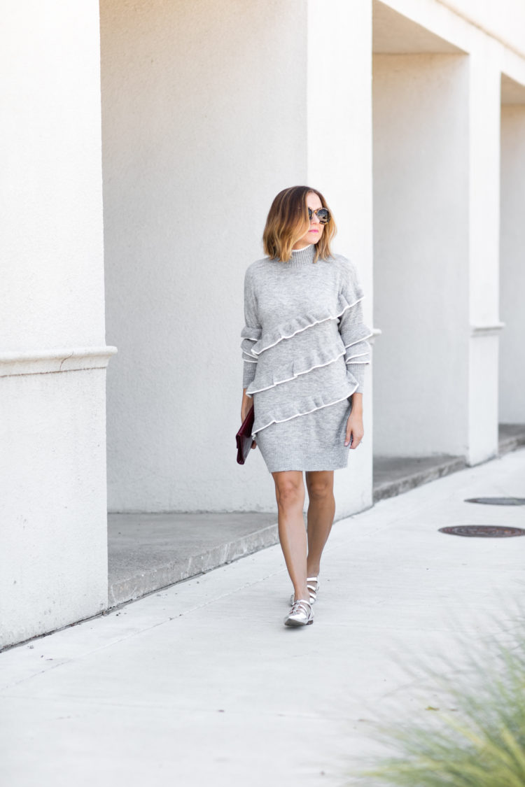 grey ruffle sweater dress