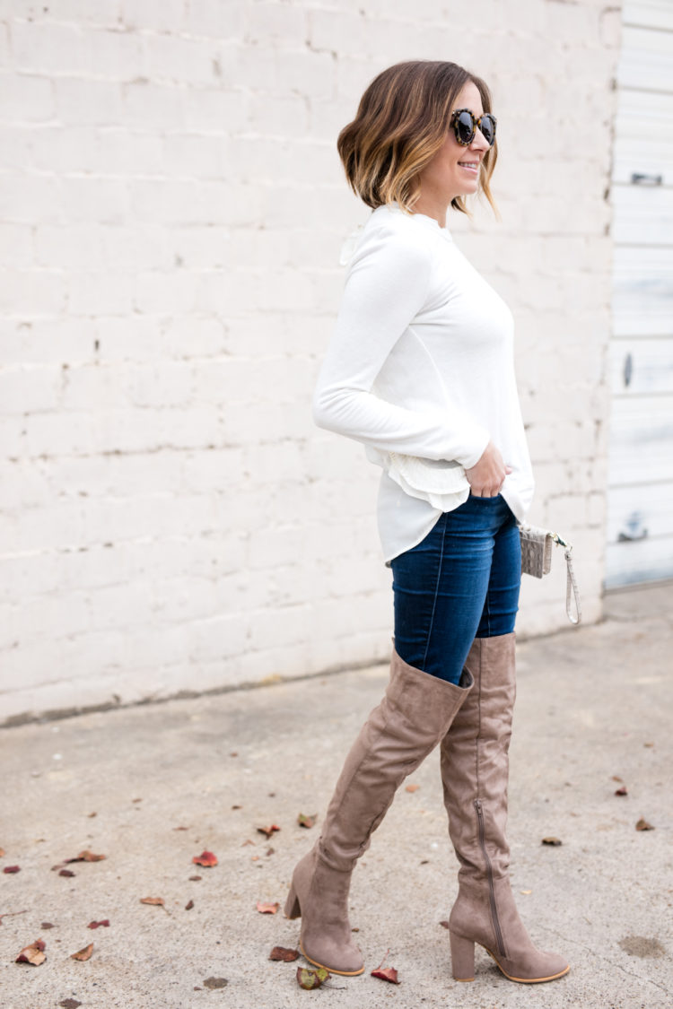 Nude ruffle back sweater paired perfectly with jeans and OTK boots or distressed denim and booties.