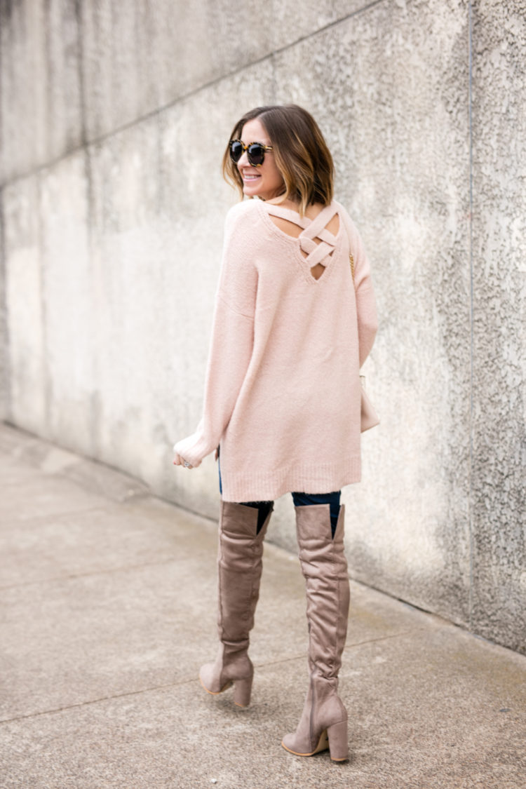 cross back pink sweater