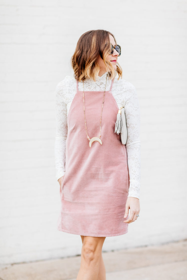 Style your pinafore dress with a lace bodysuit or flare sleeves for a trendy look!