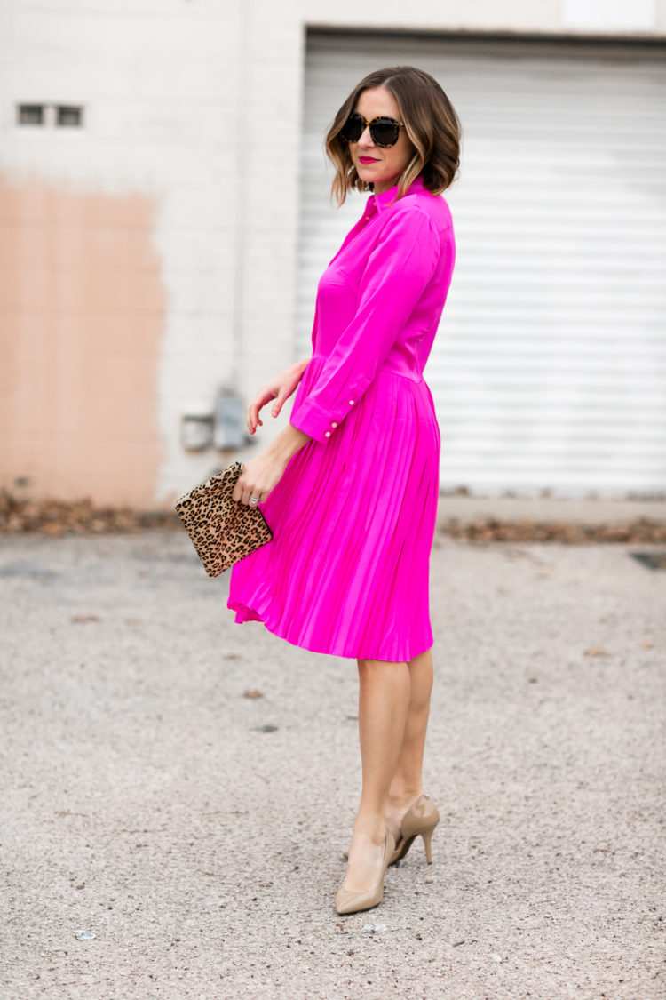 Add a pop of print to your pink shirtdress with leopard heels or a leopard clutch!
