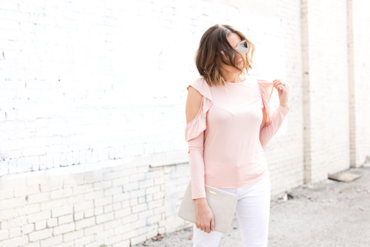 pink ruffle cold shoulder top