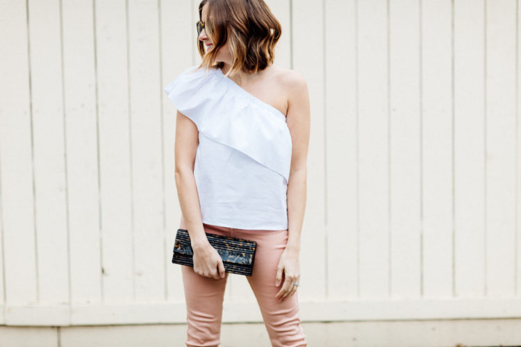 white ruffle one shoulder top