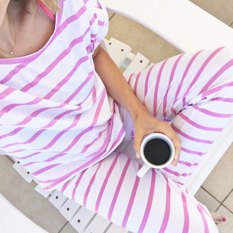 pink and white stripe pajama set