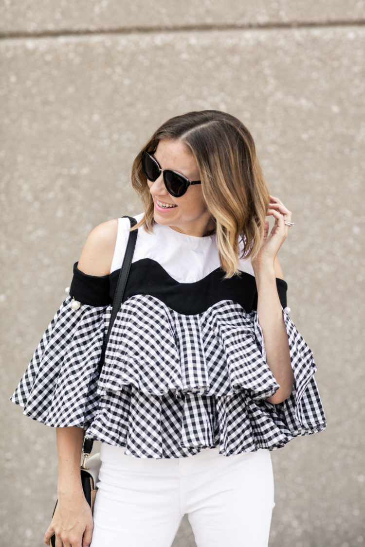 black and white gingham ruffle top