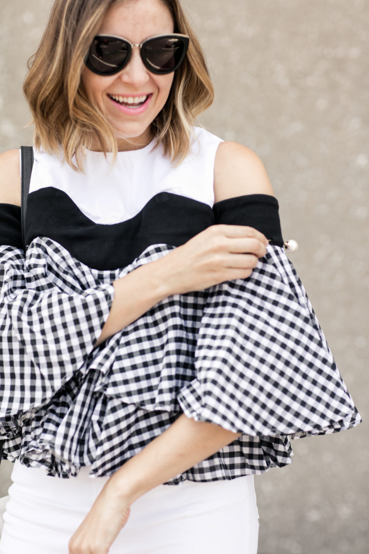 black and white gingham ruffle top