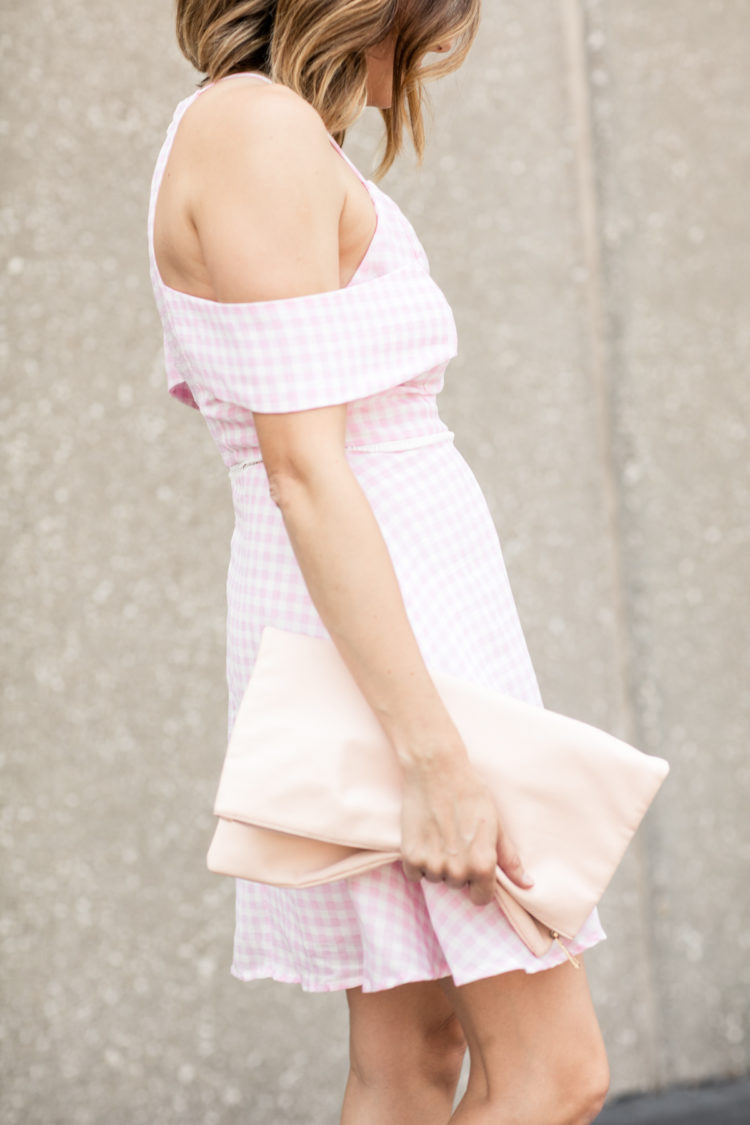 pink gingham cold shoulder dress