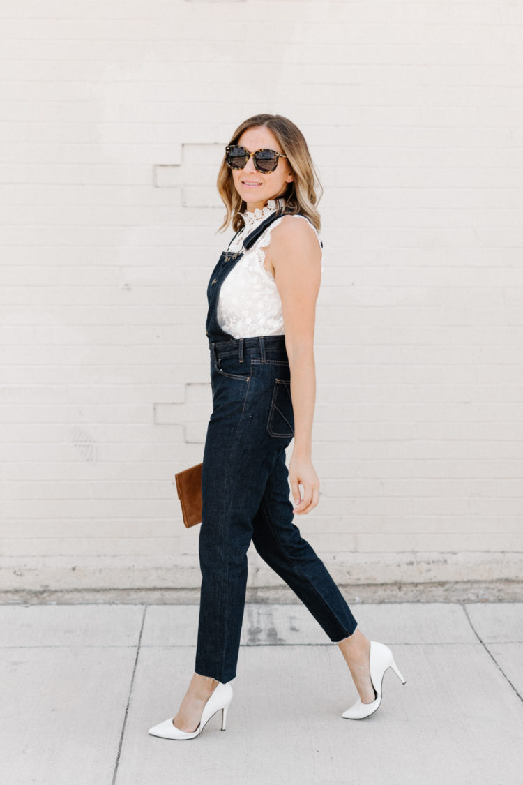 Make a statement this Fall with denim overalls. Add some pumps and a lace top for a chic look!