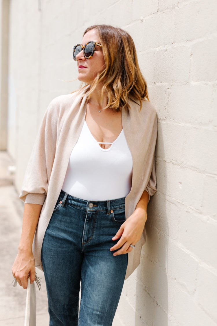 Elevate your Fall cardigan with a flattering bodysuit, cropped denim, and nude booties.
