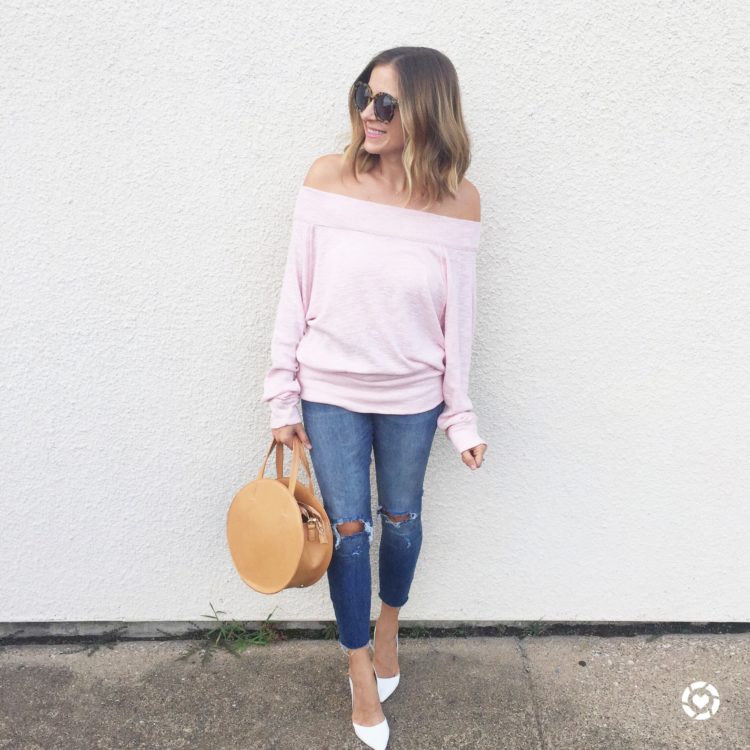 The comfiest blush off the shoulder sweater.