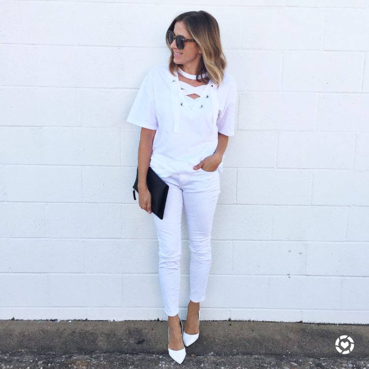Change up your all white look with a criss cross tee.