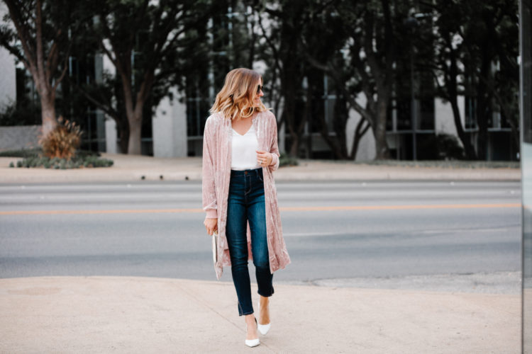 Adding this pink velvet duster to your wardrobe is a great alternative to a leather jacket. It's a simple, flattering way to make a big statement this season!