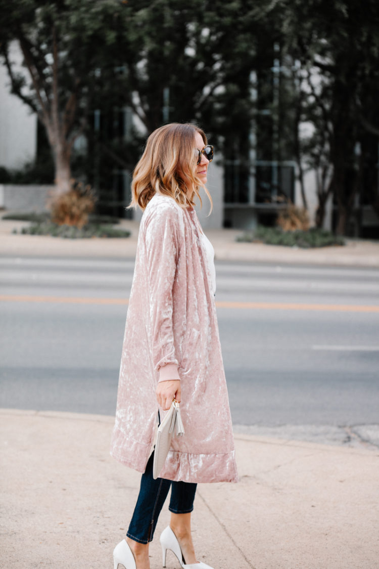 Adding this pink velvet duster to your wardrobe is a great alternative to a leather jacket. It's a simple, flattering way to make a big statement this season!