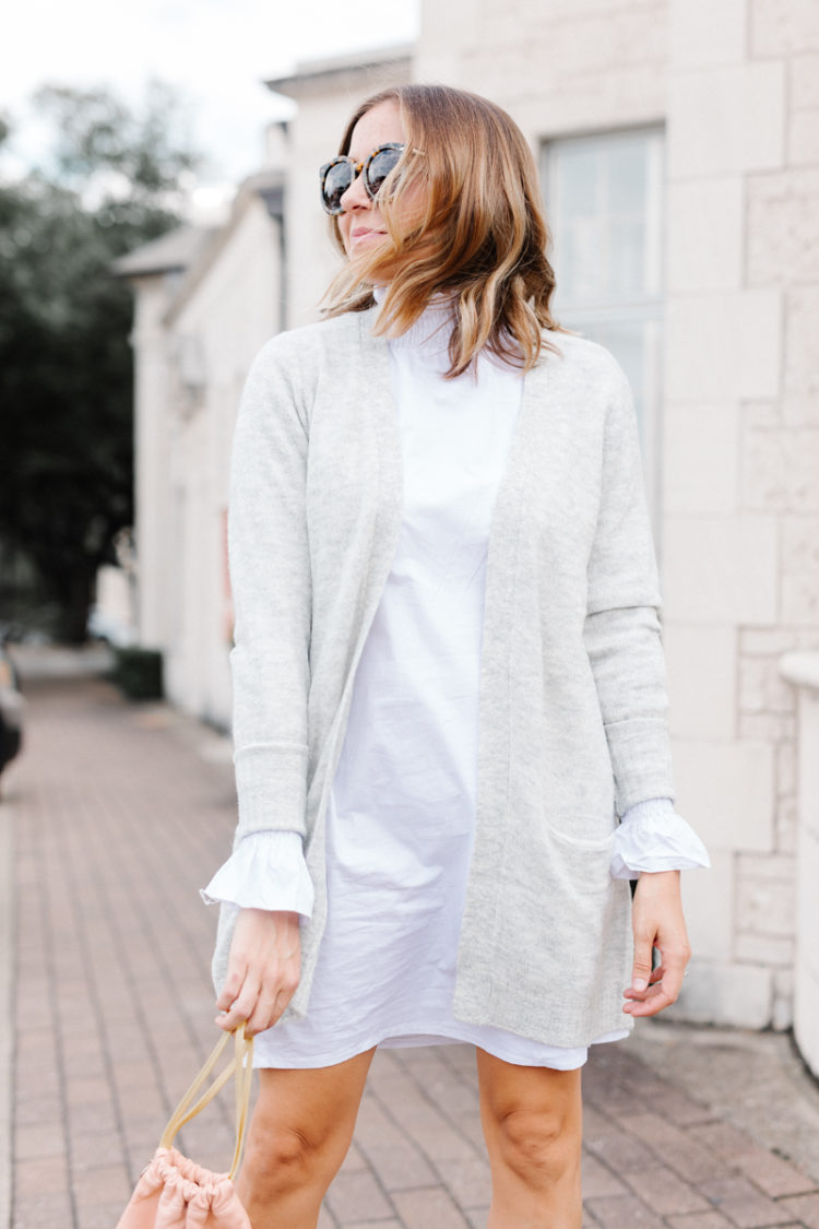 Combining two of my favorite trends this season for a feminine fall look. Layering this grey duster over this white dress with a victorian-inspired ruffle collar and ruffle cuffs.