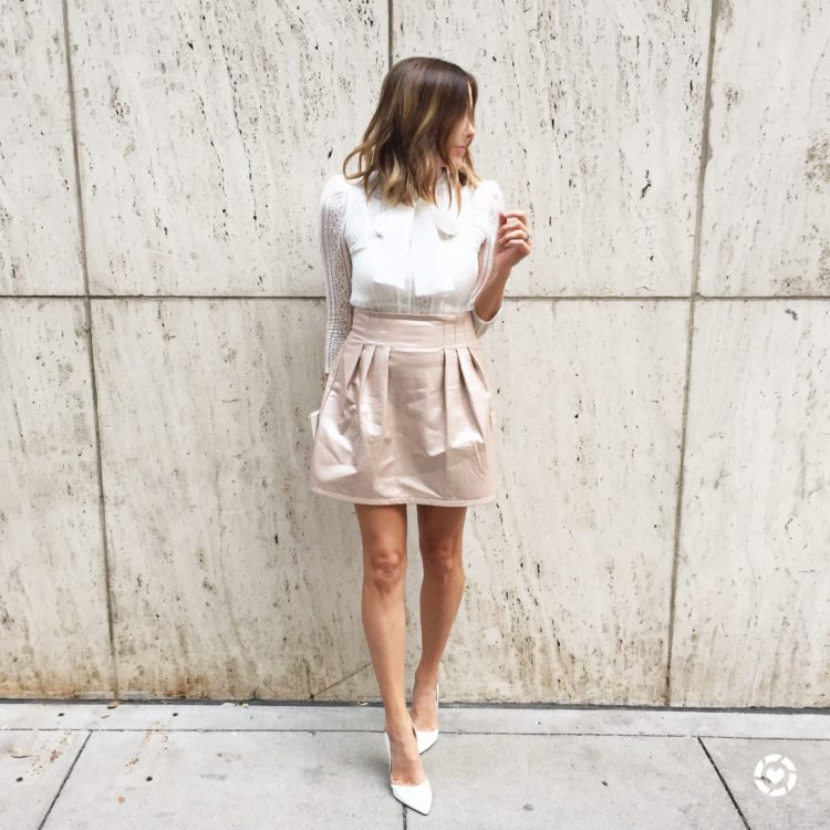 Metallic mini skirt and a lace top for a chic, Fall look.
