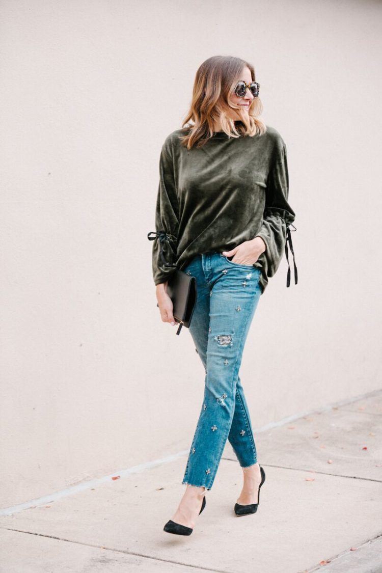 Add some cheer to your holiday wardrobe with embellished jeans, velvet, and a breezy blouse.