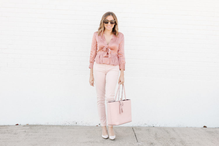 This pink satin monochromatic look is perfect for the holidays and beyond! Blush pink has been on trend for quite some time and still makes a statement!