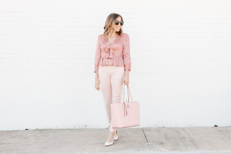 This pink satin monochromatic look is perfect for the holidays and beyond! Blush pink has been on trend for quite some time and still makes a statement!