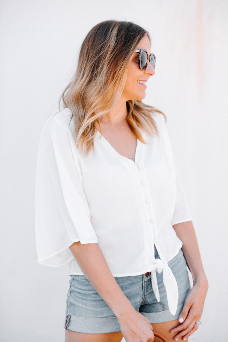 white wide sleeve tie front blouse