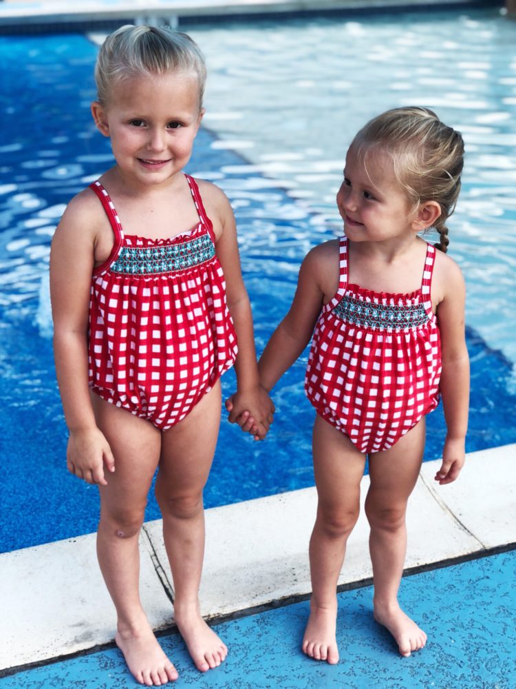 toddler red check swim suit
