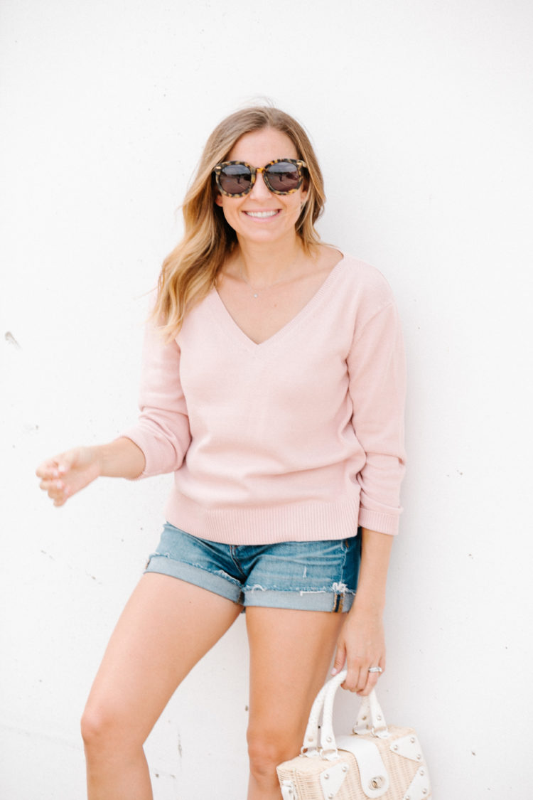 women pink vneck everlane sweater