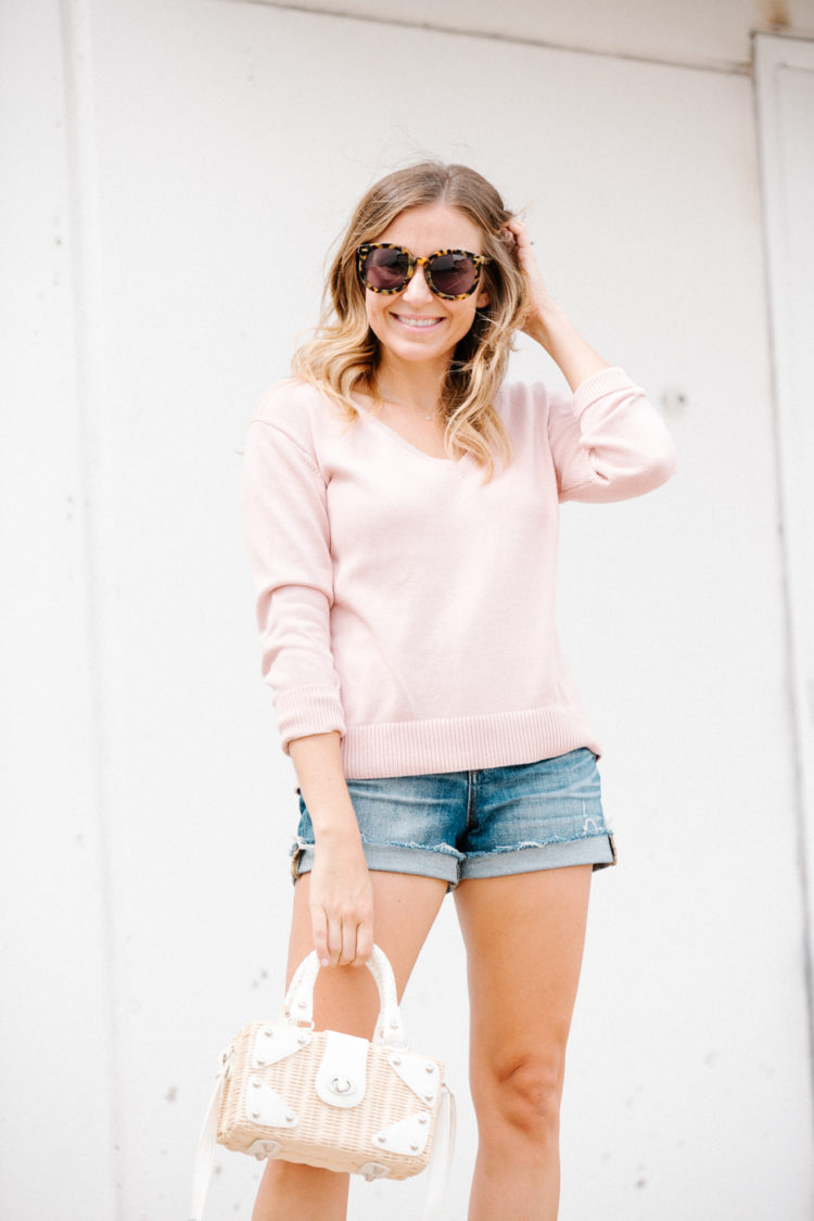 women pink vneck everlane sweater