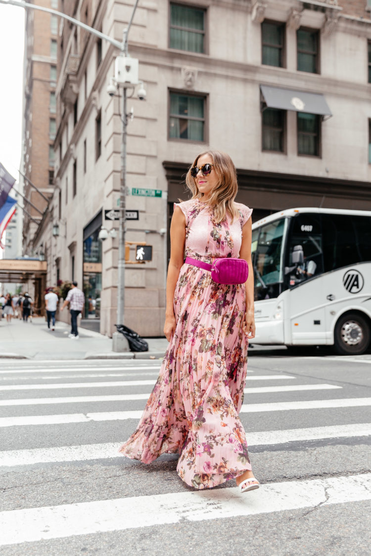 pink pleated floral maxi dress