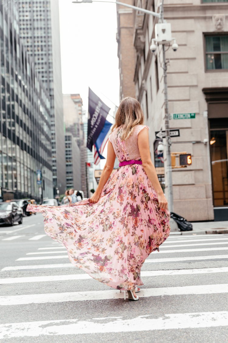 pink pleated floral maxi dress