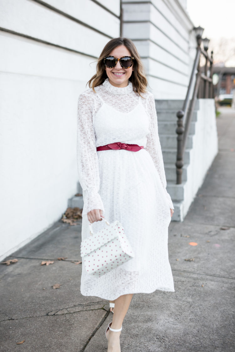 white pleated lace midi dress