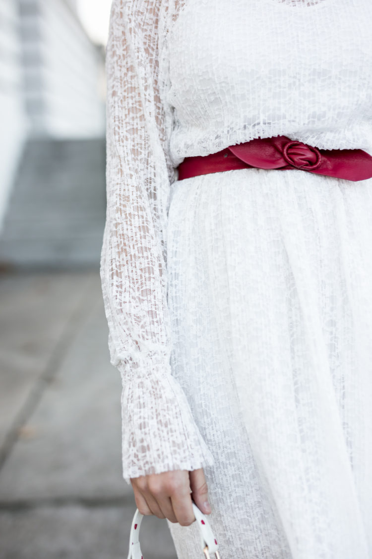 white pleated lace midi dress