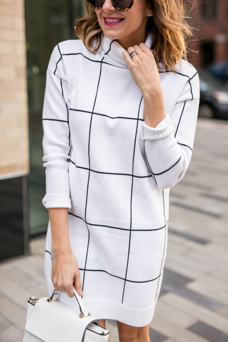 black and white grid sweater dress