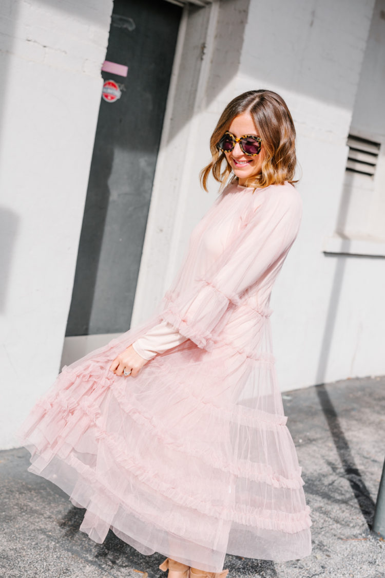 pink sheer ruffle mesh dress