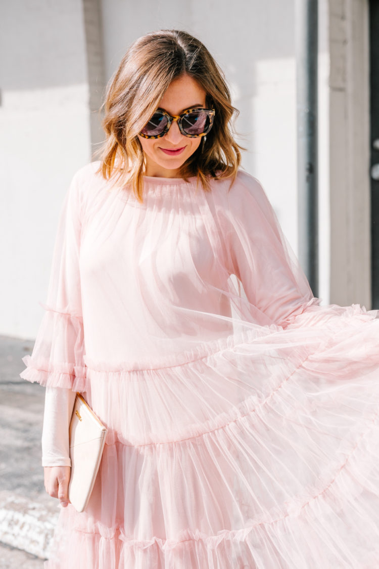 pink sheer ruffle mesh dress