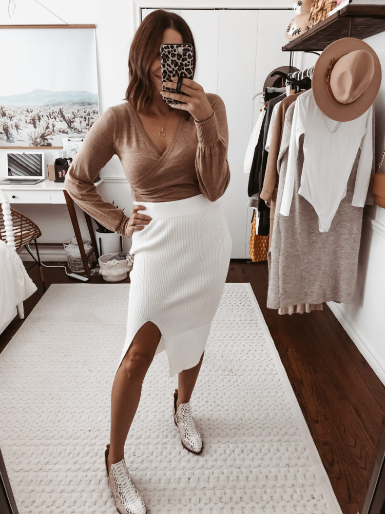 white sweater midi skirt